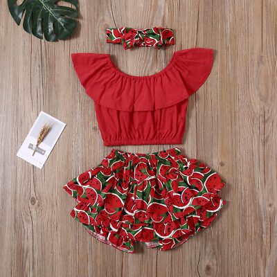 #ad NEW Watermelon Crop Top Ruffle Shorts Headand Girls Outfit Set 2T 3T 4T 5T $8.79