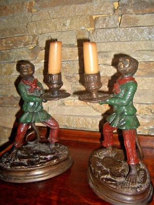 #ad Signed PAIR Art Nouveux Cold Painted Bronze FRATIN MONKEY CANDLESTICKS $450.00