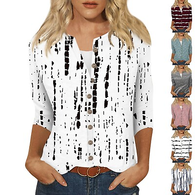 #ad Womens Tops Casual Round Neck 3 4 Sleeve Loose Printed T Shirt Ladies Blouse Tee $3.56