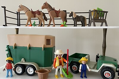 #ad Playmobil Green Horse Trailer w Jeep Horses amp; Figures Mixed Lot $24.00