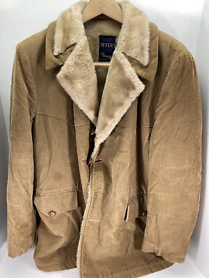 #ad Peters Corduroy Fur Lined Coat Men Size 44 Brown Button Vintage USA Winter Heavy $53.95