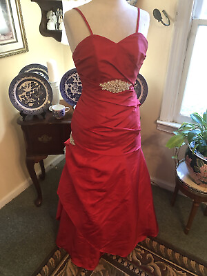 #ad IMPRESSION BRIDAL LONG RED SATIN STRAP DRESS SIZE6 2 LARGE CRYSTAL PENDENT CLASS $69.99