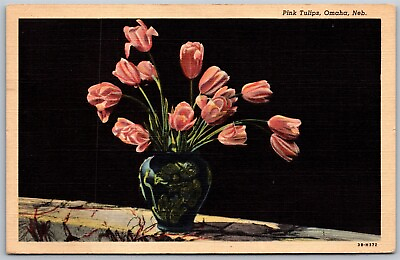 #ad Vtg Omaha Nebraska NE Pink Tullips Flowers 1940s Linen Old Postcard $3.99