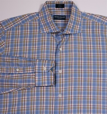 #ad Peter Millar Collection Blue Tan Plaid Cotton Button Up Dress Shirt Men#x27;s Medium $20.00