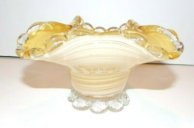#ad Mid Century Modern Murano Art Glass Footed Bowl Butterscotch Basket Cased Wavy $39.99