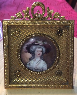 #ad Antique Miniature Victorian Portrait Painting Signed Yanny Brass Frame France 2 $199.99