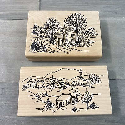 #ad Set of 2 Magenta Wooden Mounted Stamps Village House Church Winter Barn $19.99