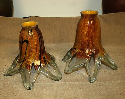#ad #ad Pair of Hand Blown Glass Lamp Shade Yellow Brown With Black Lines $200.00