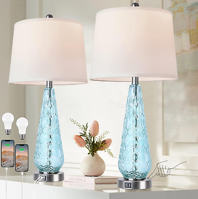 #ad 28quot; Blue Glass Table Lamp Set of 2 Modern Table Lamps with USB Ports 3 Ways Dim $134.80