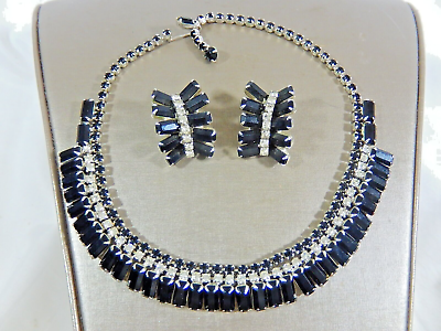 #ad VTG BLACK amp; CLEAR BAGETTE amp; ROUND 3 ROW ALL PRONG NECKLACE AND EARRINGS SET $75.00