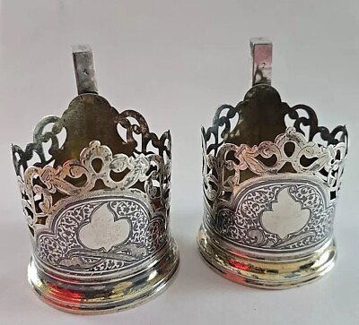#ad Pair Antique Russian Niello Tea Glass Holders .875 Silver 174g No glass $299.99