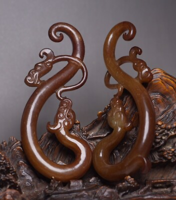 #ad Collection Chinese Natural Hetian Jade Carved Exquisite Dragon Statue A Pair Art $279.99