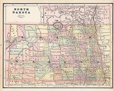 #ad 1890 Antique NORTH DAKOTA State Map George Cram Atlas Map of North Dakota 861 $17.05