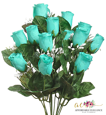 #ad 14 Aqua Teal Blue Artificial Rose Buds Silk Fake Flowers Bouquet Bush Mint Blue $6.92