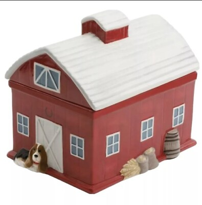 #ad Pioneer Woman Rustic Red Barn Cookie Jar Charlie Dog Excellent Condition $37.04