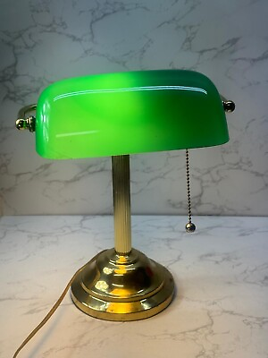 #ad Vintage Desk Bankers Lamp Green Glass Shade Brass Stand $50.00