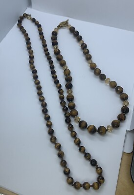 #ad Lot Of 2 Vintage Polished Tigers Eye Beaded Costume Necklace 93g 18” amp; 24” $29.00
