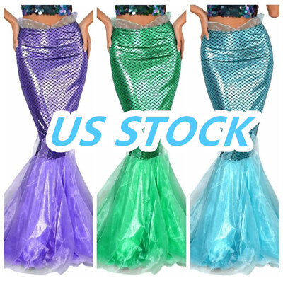 #ad US Women Shiny Metallic Mermaid Princess Cosplay Costume Fish Tail Maxi Skirt $24.89