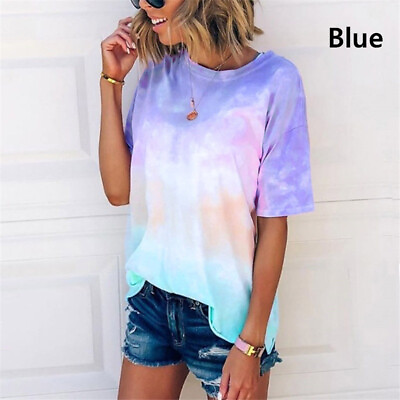 #ad Womens Ombre Tie Dye Tee Ladies T Shirt Tops Blouse Loose Short Sleeve Summer $13.29