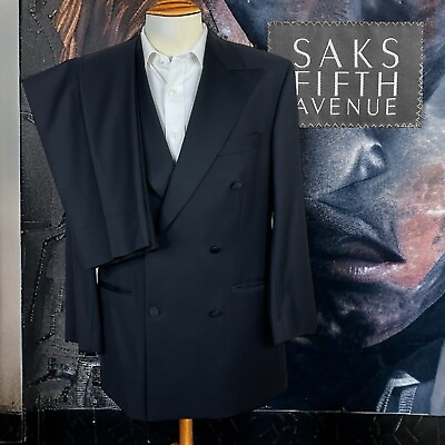 #ad Saks Fifth Avenue Modern 2 Piece Tuxedo Suit Mens 40R 34x30 Black Double Breast $167.89