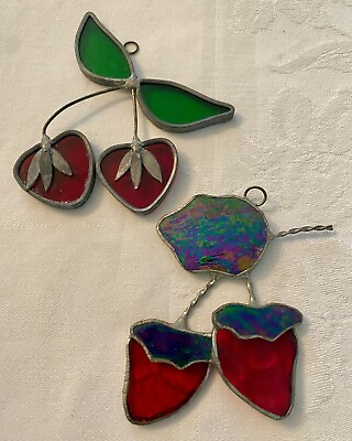 #ad 2 Vintage Leaded Stained Glass Strawberries And Cherries Sun Catchers Hand Made $14.95