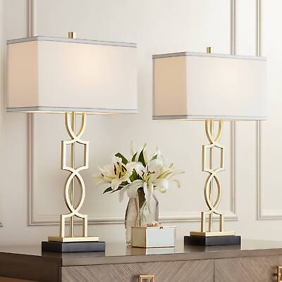 #ad Modern Table Lamps 28 1 4quot; Tall Set of 2 Gold Metal Rectangular Shade Bedroom $129.95