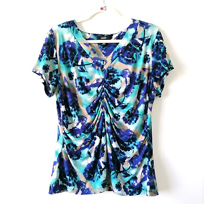 #ad Alfani Womens Blue White Short Sleeve V Neck Cinched Floral Blouse Top Size XL $23.95