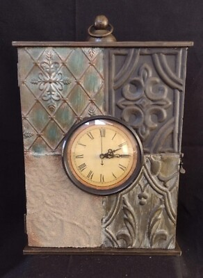 #ad Rustic Metal Standing Mantel Clock Cabinet Battery Operated Works $12.00