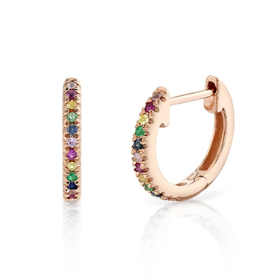 #ad Natural Multi Sapphire Gemstone Huggie Multi Color Earrings 14k Rose Gold $444.99