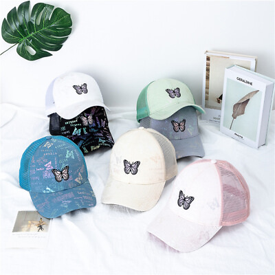 #ad Fashion Women Embroidered Butterfly Mesh Back Adjustable Baseball Cap Bling Hats $10.48