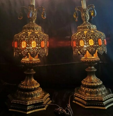 #ad BIG 40quot; Mid Century Lamp pair Brass Lace Boudreau Table 4 bulb Amber CRYSTAL $1100.00
