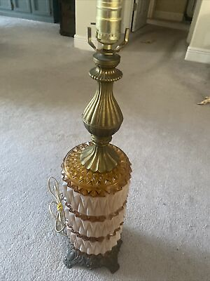 #ad Vintage Hollywood Regency Tokyo Japan Table Lamp Ribbed Amber Glass And Brass $149.99
