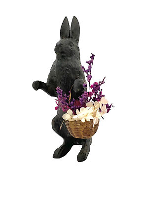 #ad Rabbit Figurine Bronze with Brass Basket and Dried Flowers Vintage Statue Decor $165.00