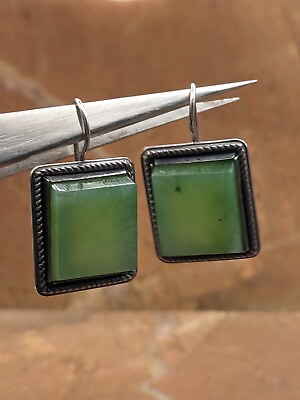 #ad Antique Sterling 875 Silver Earrings Vintage Stone Nephritis Jade Green Square $120.49