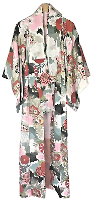 #ad 1960s Silk Kimono Japanese ornate vintage floral red pink gold silver geisha $135.00