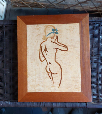#ad Vintage Wood Marquetry Inlay Picture Nude Woman Wall Art 14quot; X 11.5quot; $25.00