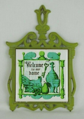 #ad Vintage Distressed Ceramic Cast Iron Trivet Welcome To Our Home Cherry Farmhouse $28.00