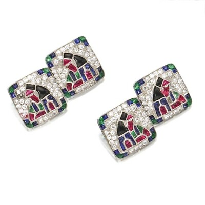 #ad Early Century Stylized Pharaoh Motifs Multi Color Gemstones amp; White CZ Cufflinks $290.00