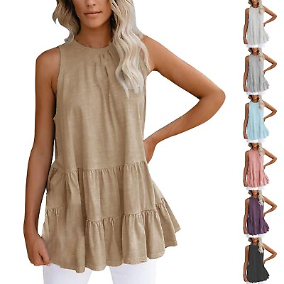 #ad Women#x27;s Summer Tank Tops Swing Flowy Loose Fit Pleated Crewneck Sleeveless Top $13.59