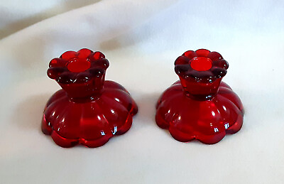 #ad Gorgeous Ruby Candle Holders Sticks Pair Heavy glass Scalloped Edges $19.00