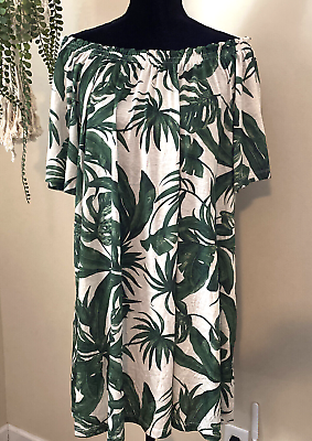 #ad Hamp;M Off Shoulder Size XS Green Leaf Beige Summer Beach Dress $6.23