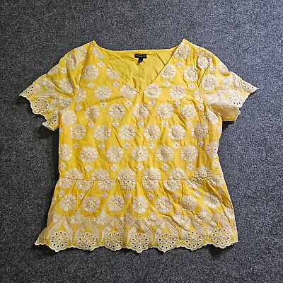 #ad Talbots Top Shirt Womens 14 Yellow Embroidered V Neck Short Sleeve Casual Career $15.29