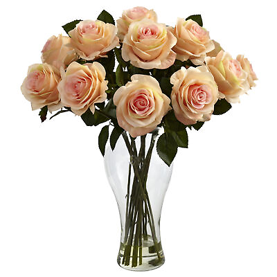 #ad Blooming Roses W Vase Liquid Illusion Peach Floral Decor 18quot;Tall $74.86
