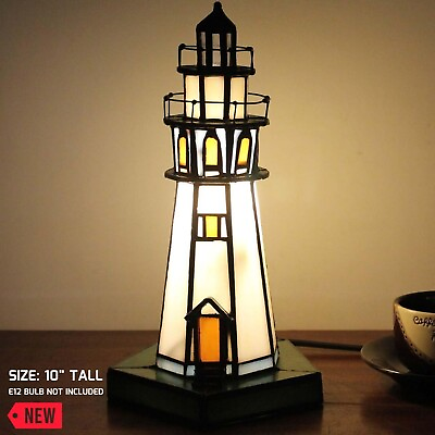 #ad Stained Glass Lighthouse Table Lamp Tiffany Style Desk Night Light Coastal Theme $188.59