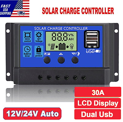 #ad 30A Solar Panel Battery Charge Controller 12V 24V LCD Regulator Auto Dual USB US $9.99