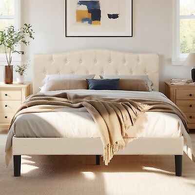 #ad Queen Size Bed Frame Upholstered Platform with Tufted Adjustable Headboard Ma... $197.13