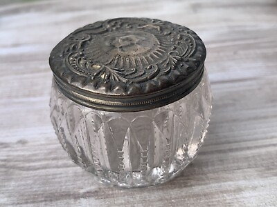 #ad Antique Repousse Sterling Silver Topped Cut Glass Vanity Boudoir Jar 4.2g $22.99