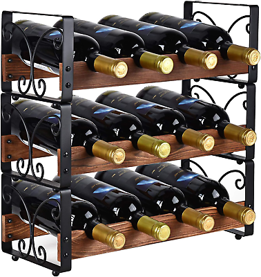 #ad Rustic 3 Tier Stackable Wine Rack Freestanding 12 Bottles Organizer Holder Stand $39.09