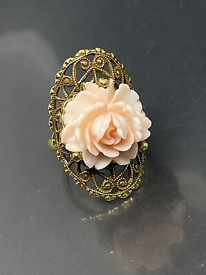 #ad VINTAGE GoldTone Filigree Pink Resin Flower Rose 5 Statement Cocktail Retro Ring $35.00