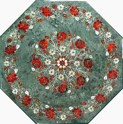 #ad Green Marble Octagon Shape Coffee Table Top Floral Pattern Inlay Work Side Table $886.50